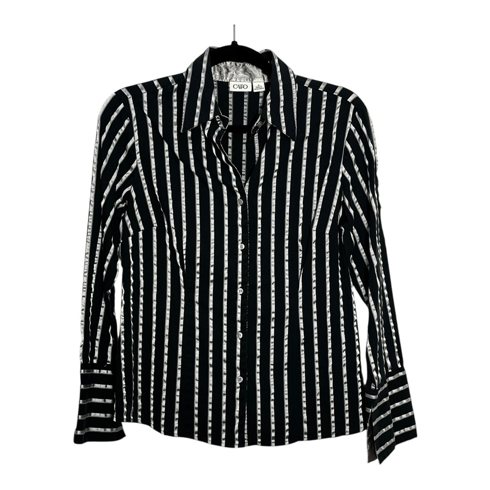 Cato Womens Medium Black Silver Metallic Striped Button‎ Down Blouse Long Sleeve